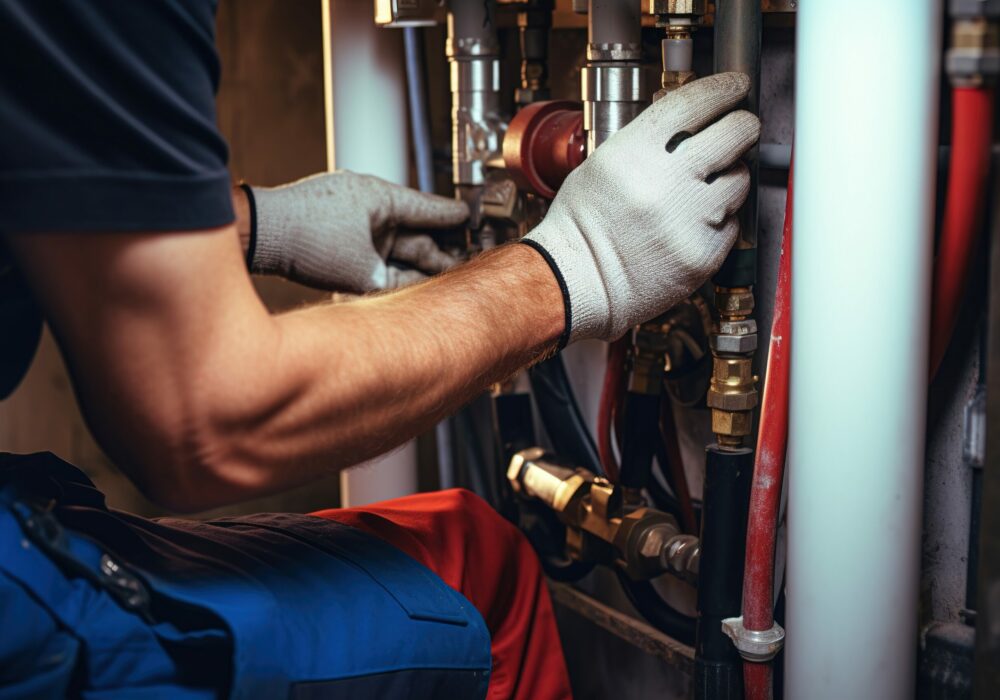 Plumber conducts an inspection and repairs the central heating system in the home