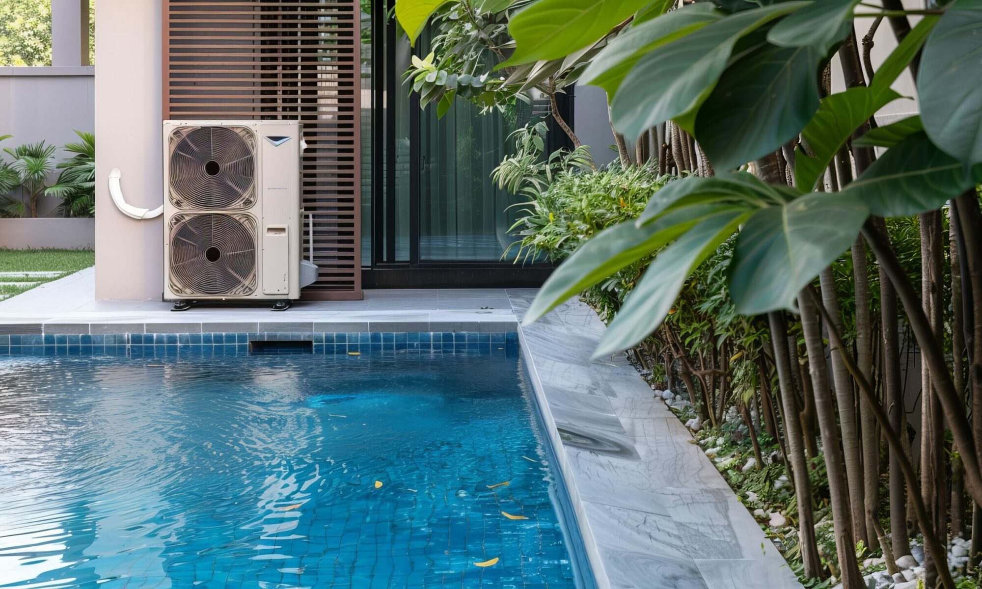 Heat pump unit with ornamental vegetation next to a swimming pool. Heat pump unit with ornamental vegetation next to a swimming pool.