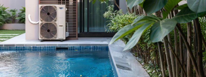 Heat pump unit with ornamental vegetation next to a swimming pool. Heat pump unit with ornamental vegetation next to a swimming pool.