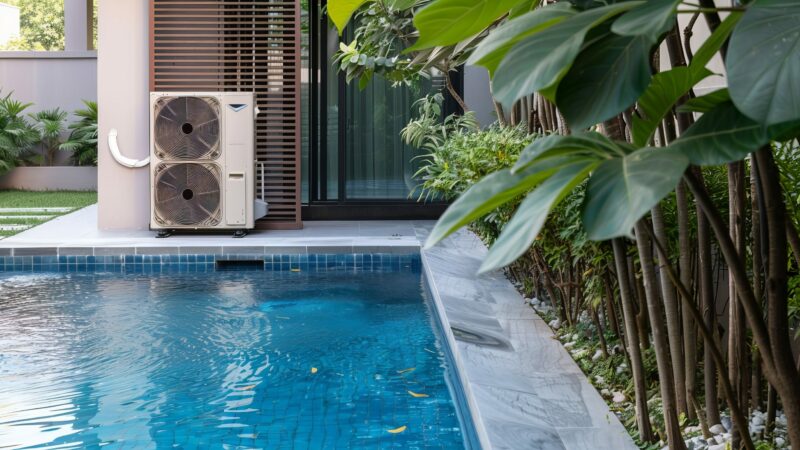 Heat pump unit with ornamental vegetation next to a swimming pool. Heat pump unit with ornamental vegetation next to a swimming pool.
